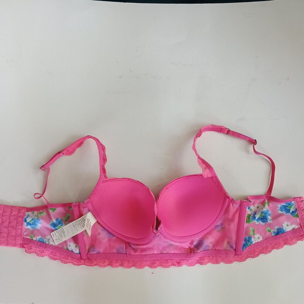 Gilly Hicks Push 'Em Up Bustier Bra Lace Trim Pink Blue Floral Lingerie Size 34B - Picture 2 of 6